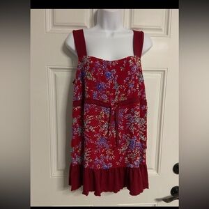 T22- CINNAMON Raspberry Red Y2K Floral BABY DOLL Tunic Top